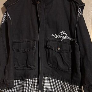 Women’s hand painted Rolling Stones Black & white denim jacket cool +1 of a kind